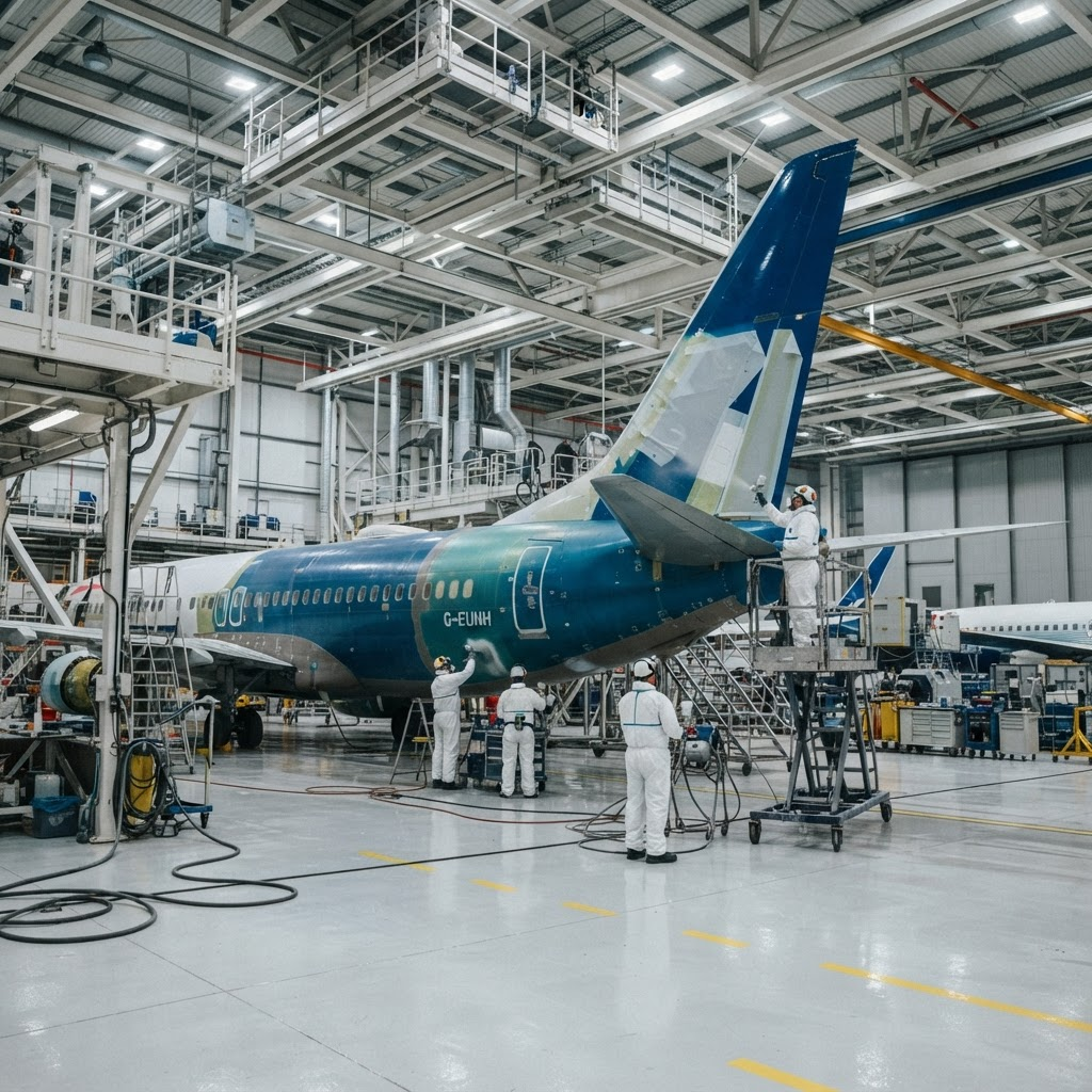 Aircraft fuselage undergoing surface treatment inside an aerospace paint hangar